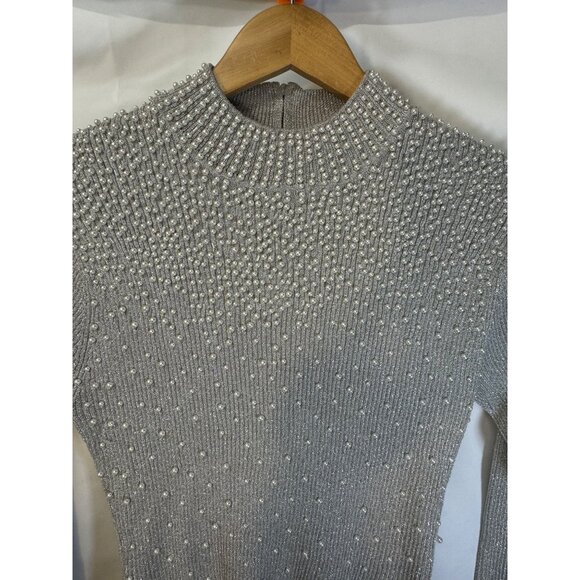 Fitted vintage heavily pearl beading silver shiny zipper back slight turtleneck - Picture 3 of 10